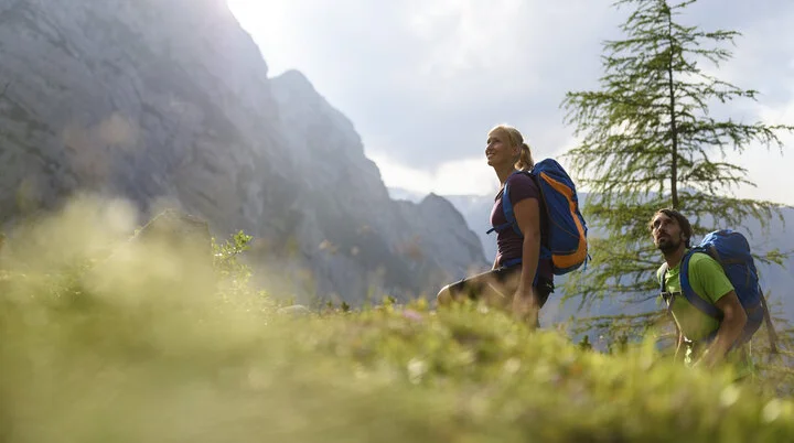 Wanderer im Frühling auf einer feuchten Bergwiese | © DAV/Wolfgang Ehn